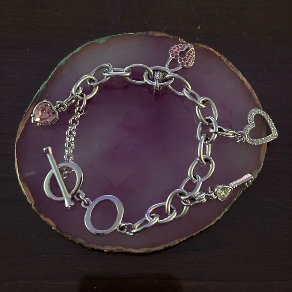 Swarovski Jewelry - Swarovski Silvertone Toggle Bracelet with Heart Charms, Pink Crystal & Key, 7.75